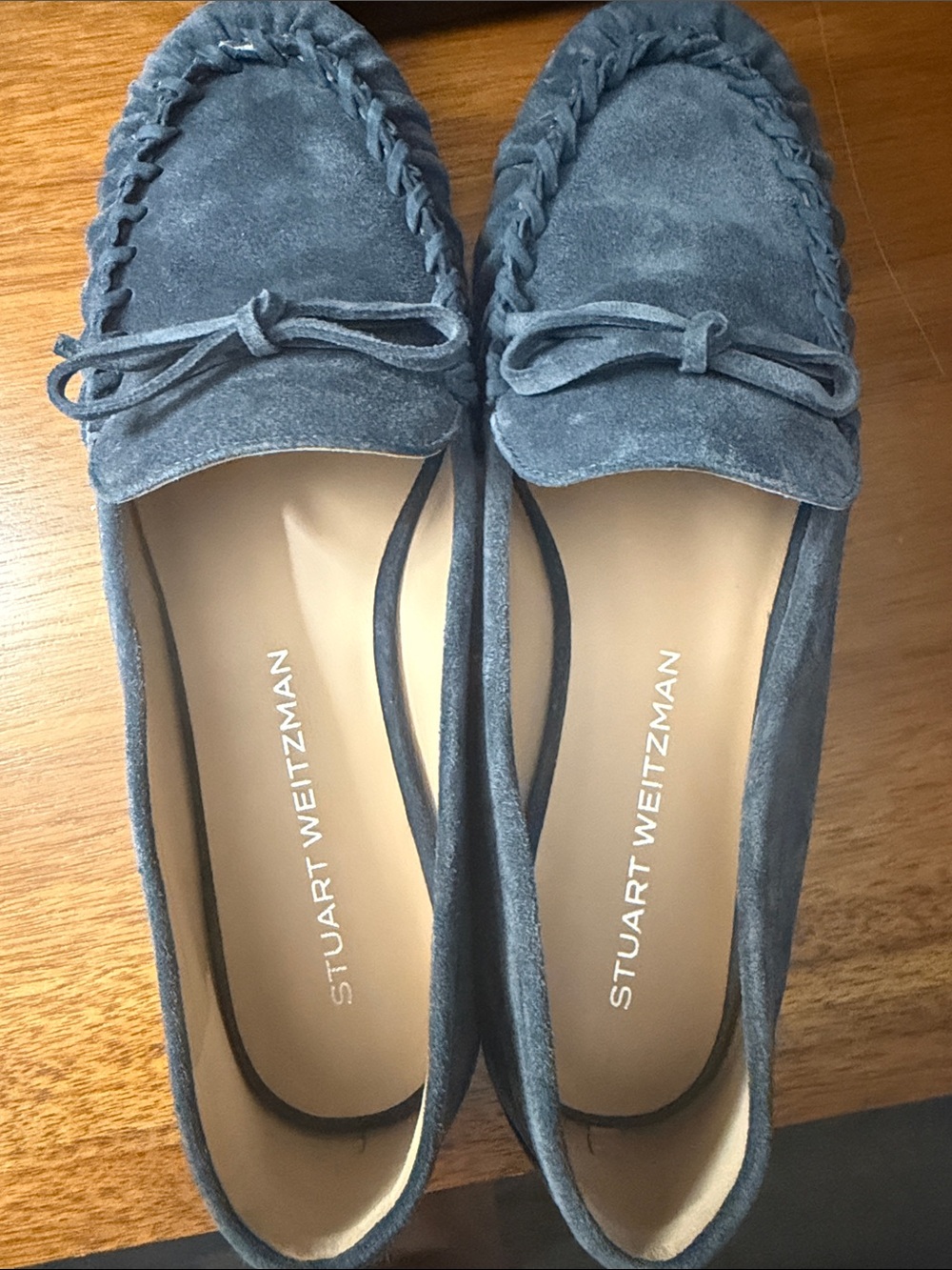 Stuart Weitzman Blue Suede Bow Moccasin Flats